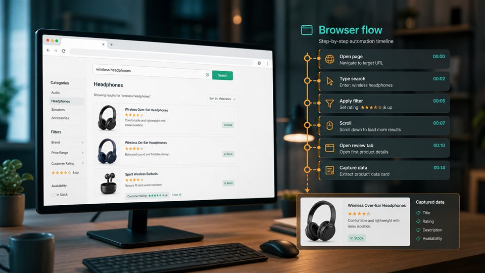 A browser automation flow with search, filters, scrolling and data capture steps