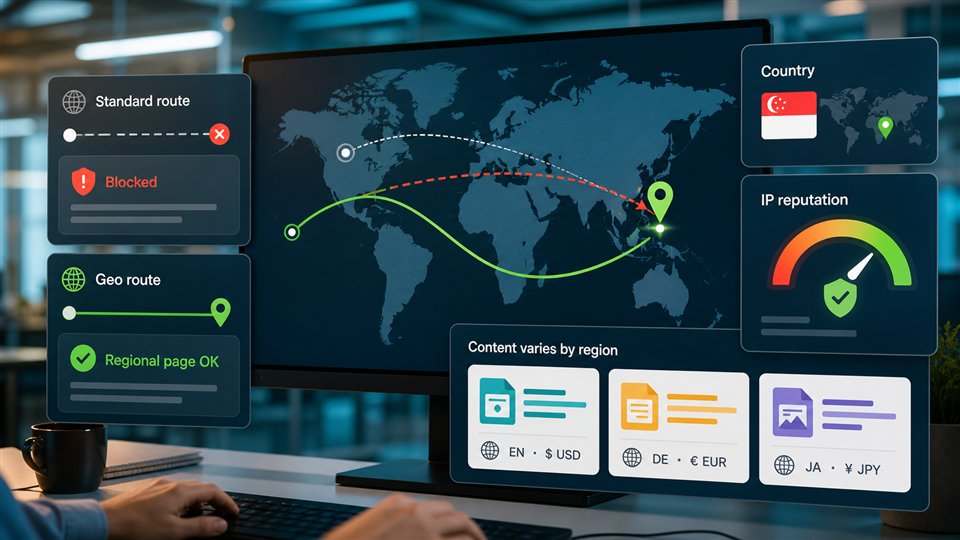 A request routed through a selected country and higher reputation proxy path