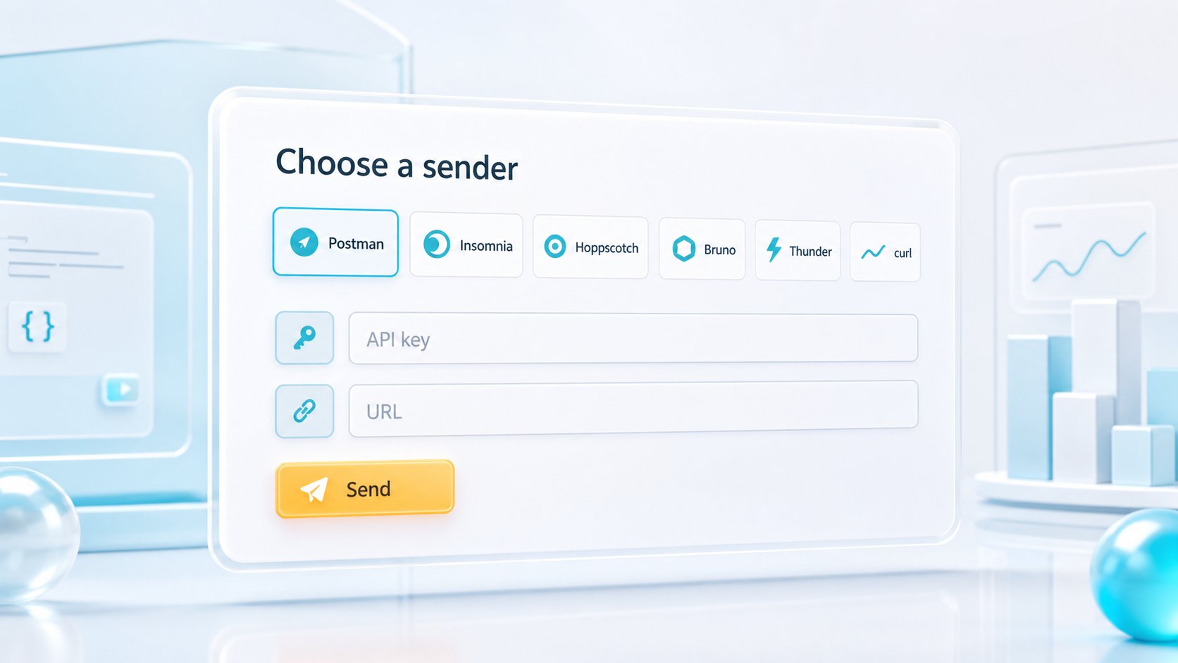 A clean API request sender with API key, method, URL, output format, and send controls