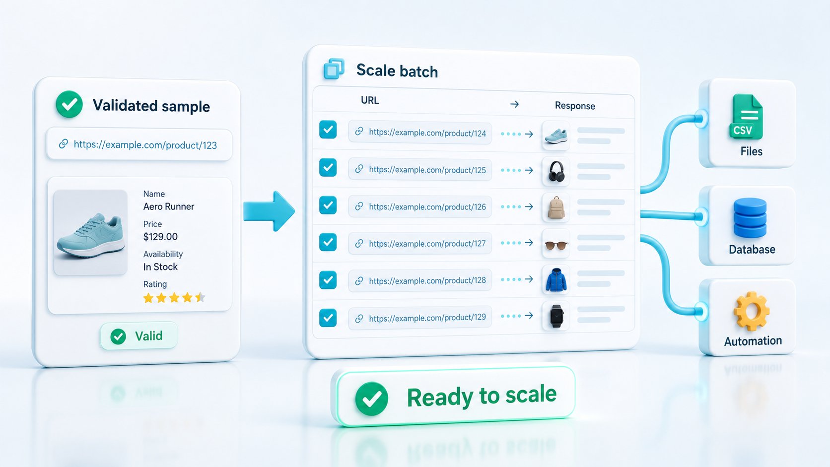 A validated sample request scaling into files, database records, and automation outputs
