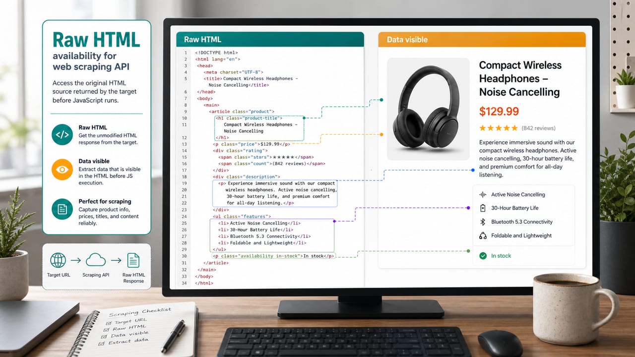 Raw HTML response mapped to visible page data
