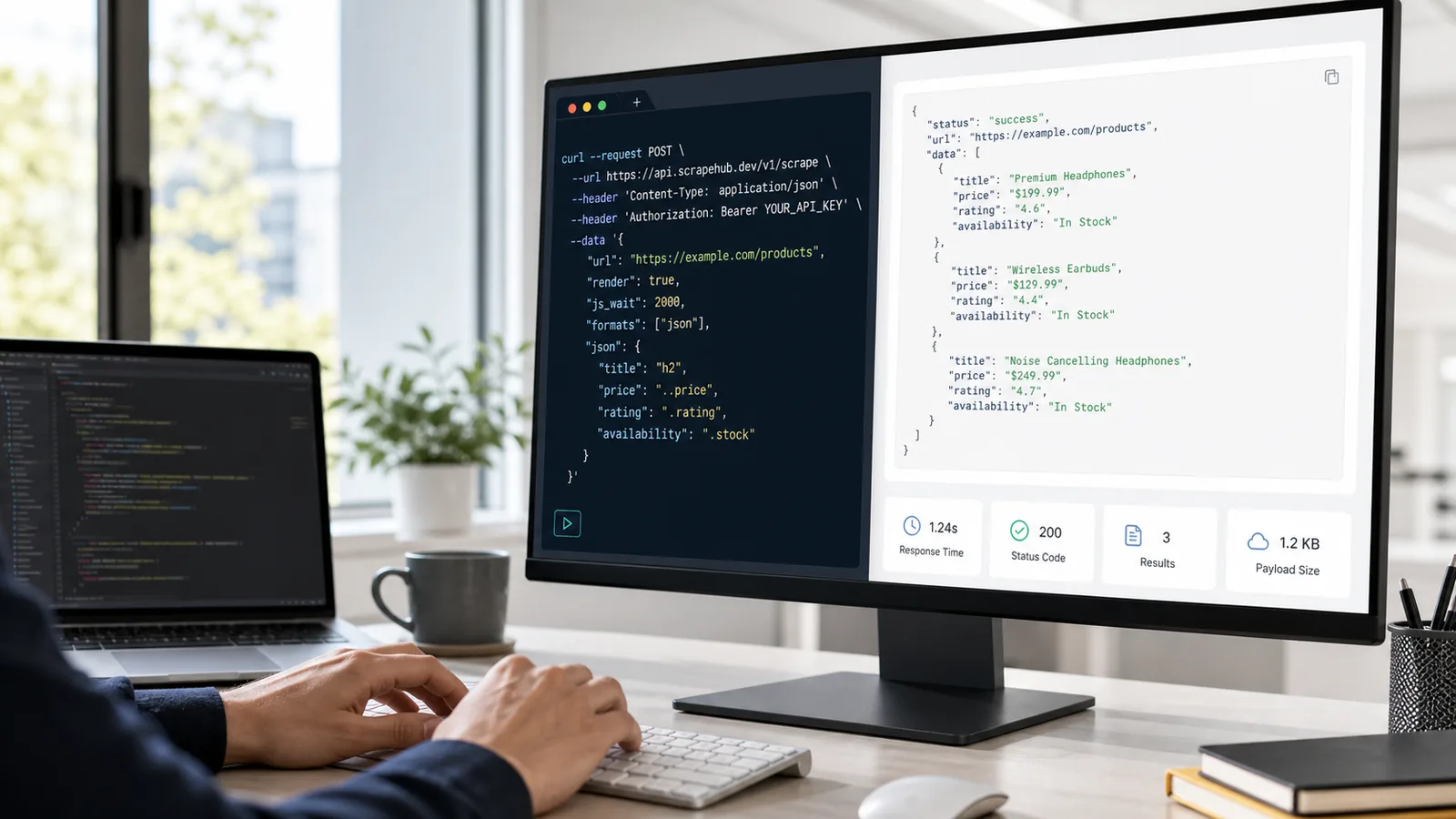 Developer testing a cURL web scraping API request and reviewing the API response