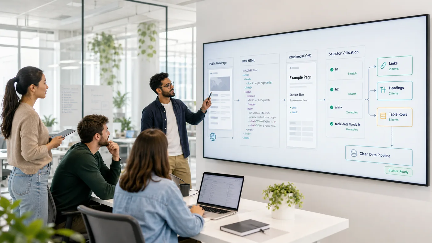 Engineering team validating captured HTML before downstream web scraping parser rules