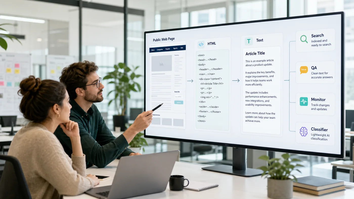Product team converting public web page HTML into clean text for search QA monitoring and classification