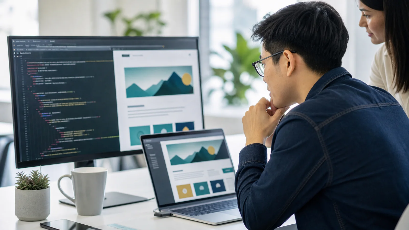 Developers comparing source HTML with rendered JavaScript output on a public page