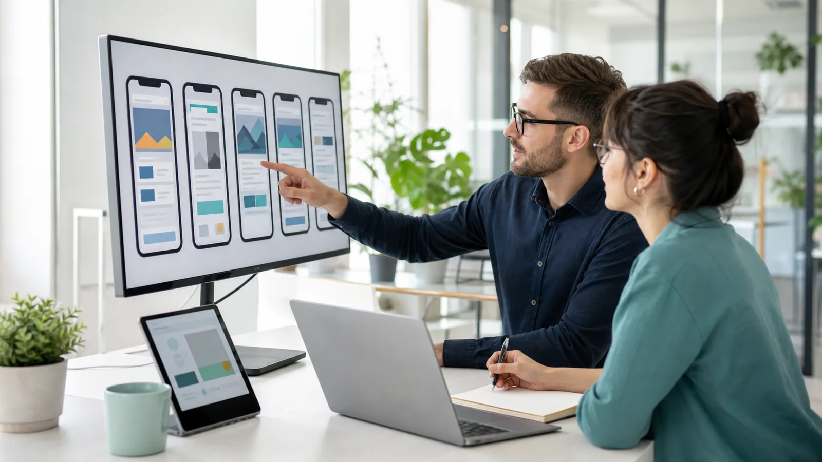 Product engineer and QA analyst reviewing mobile viewport screenshots of public web pages
