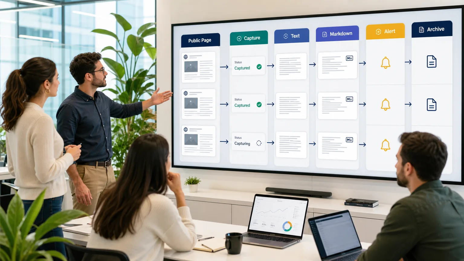 Team monitoring public news pages with capture status, text, Markdown, alerts, and archive evidence