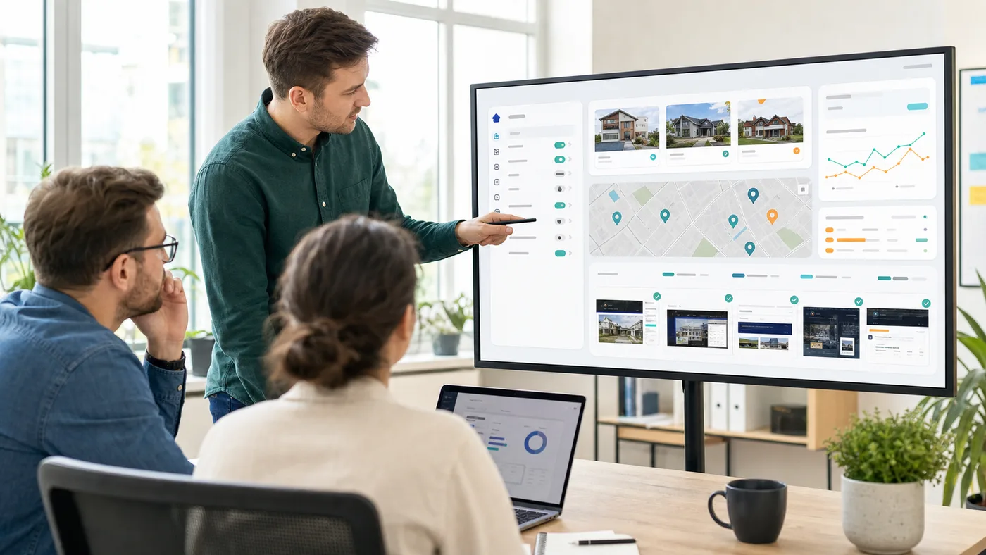 Real estate analytics team reviewing public property listing scraping workflow with map and price evidence
