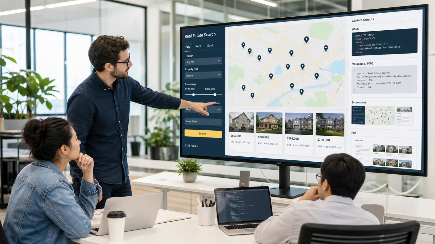 Team reviewing public real estate pages, map results, and ScraperFly capture outputs