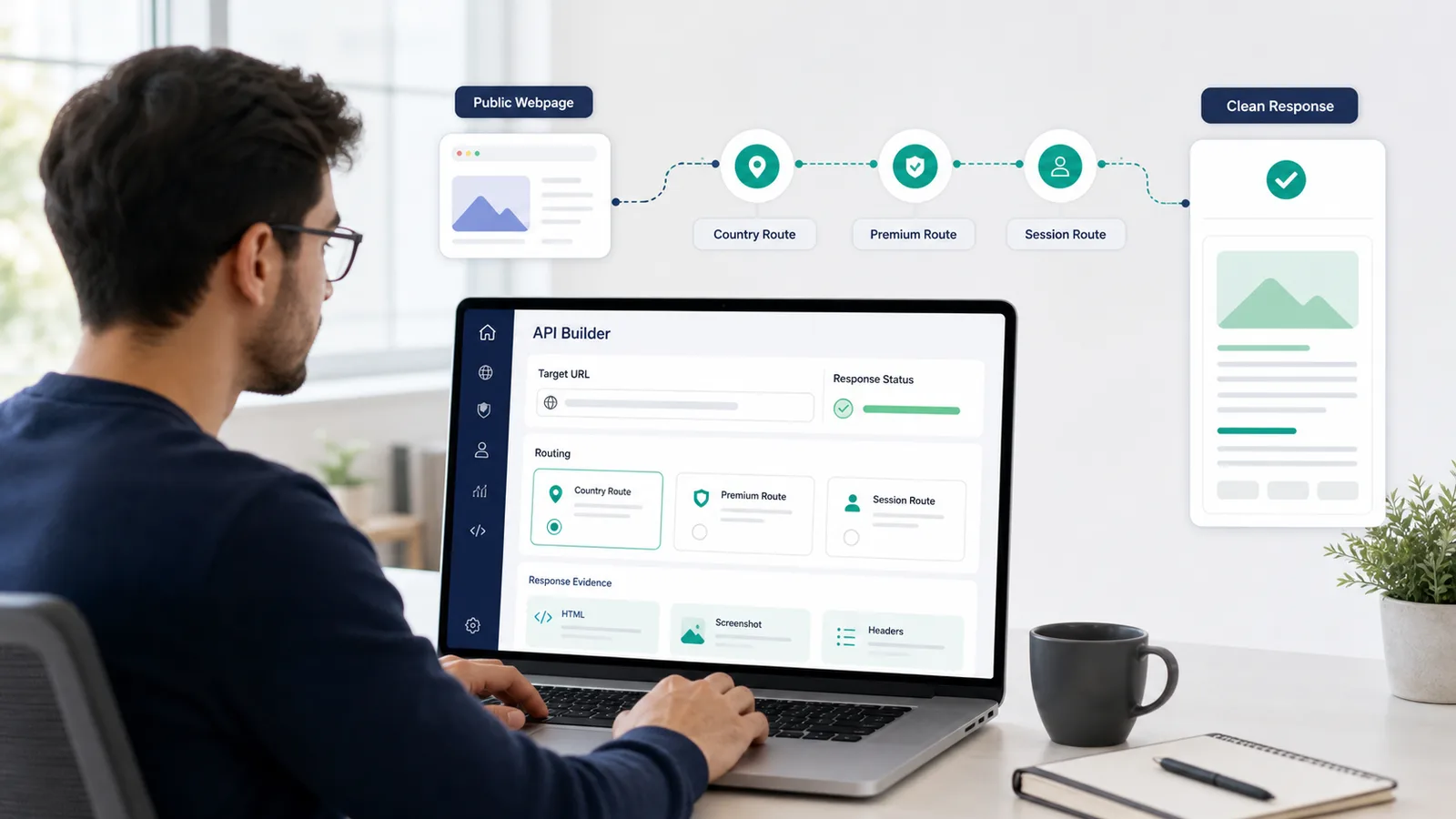Developer testing proxy routing controls and response evidence in a web scraping API builder