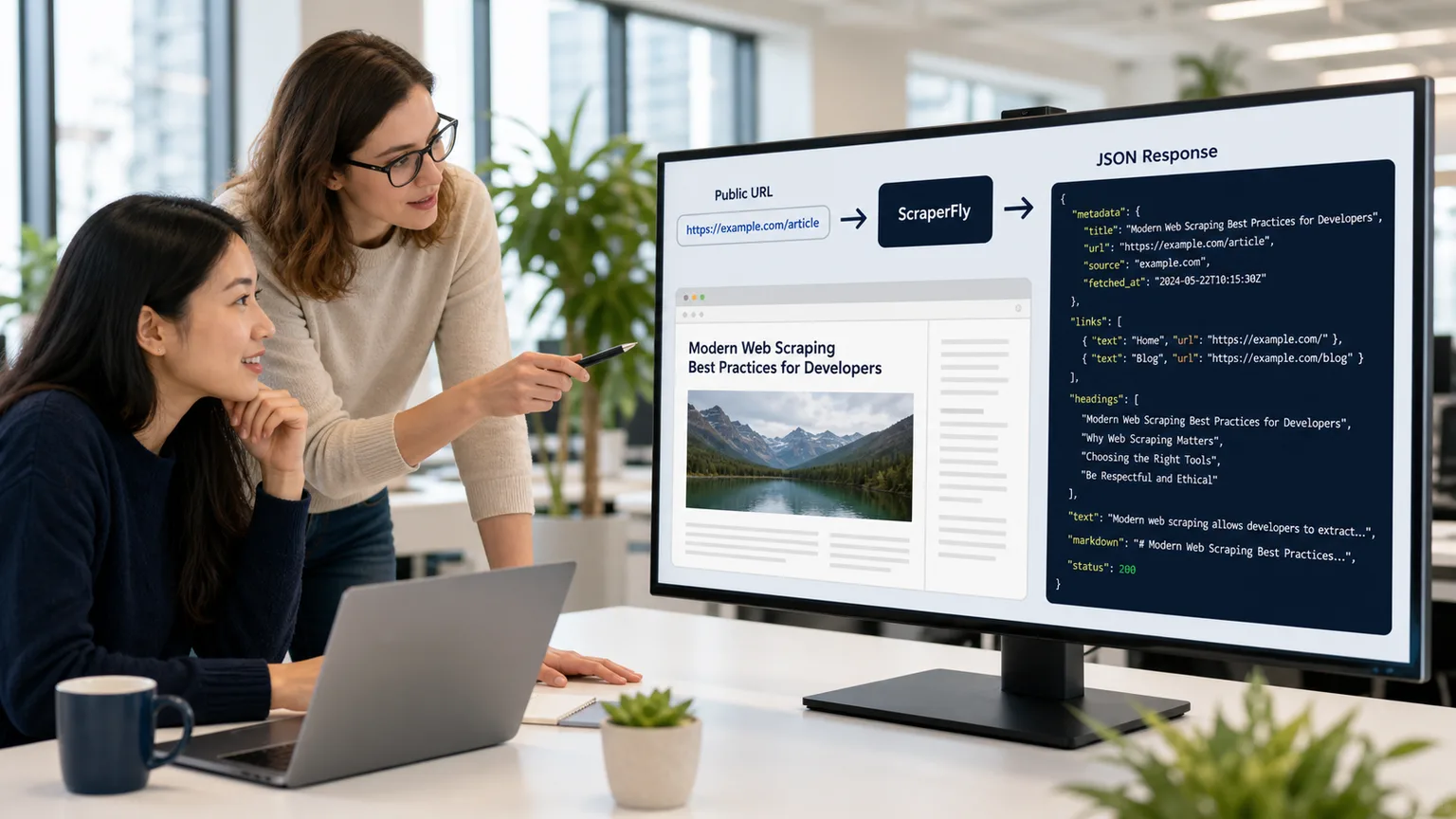 Developers reviewing a public website converted into JSON metadata, links, headings, text, Markdown, and request evidence