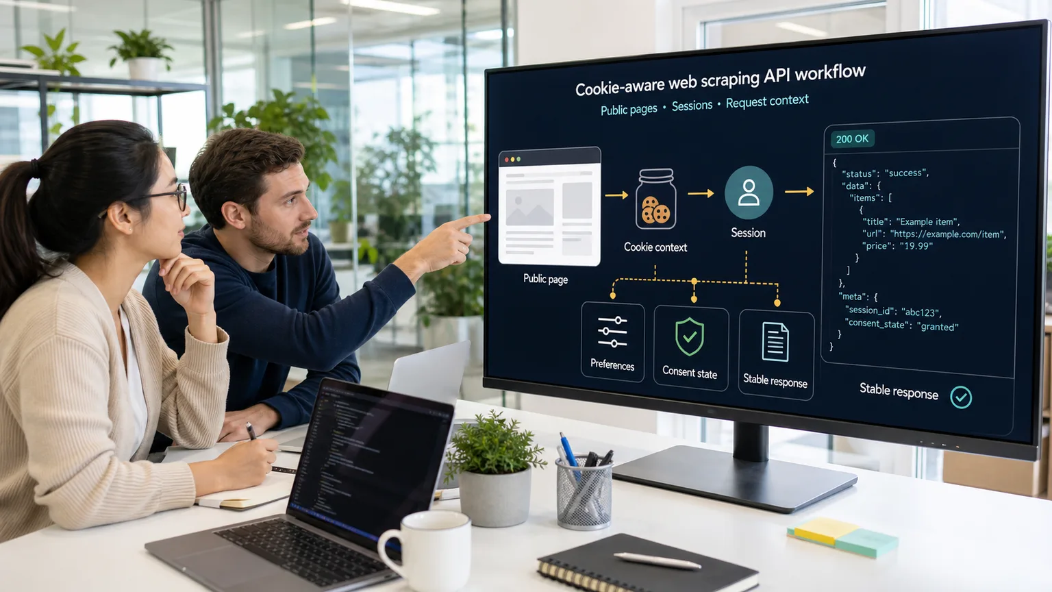 Developers reviewing a cookie-aware scraping API workflow with public page context, sessions, preferences, consent state, and stable response