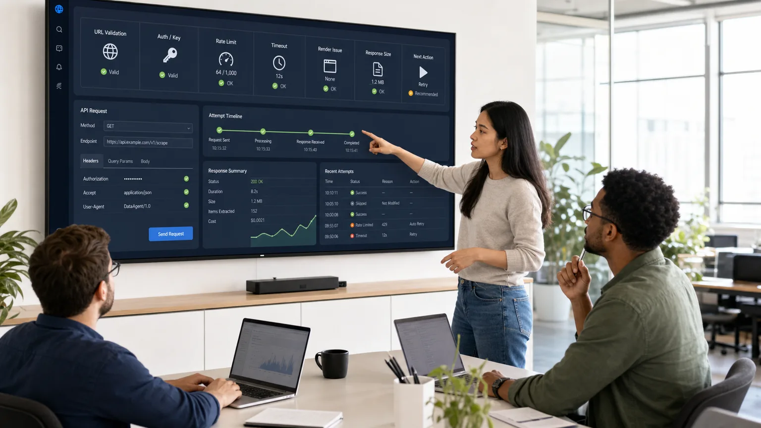 Team reviewing scraping API error categories and next actions on a dashboard