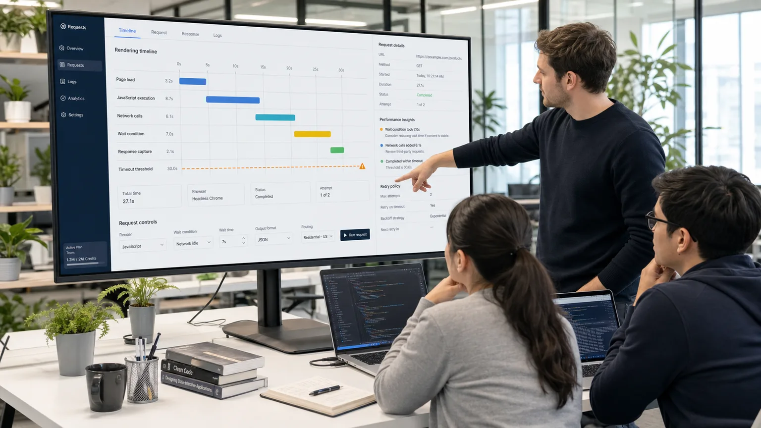Team reviewing a browser rendering timeout timeline for a scraping API request