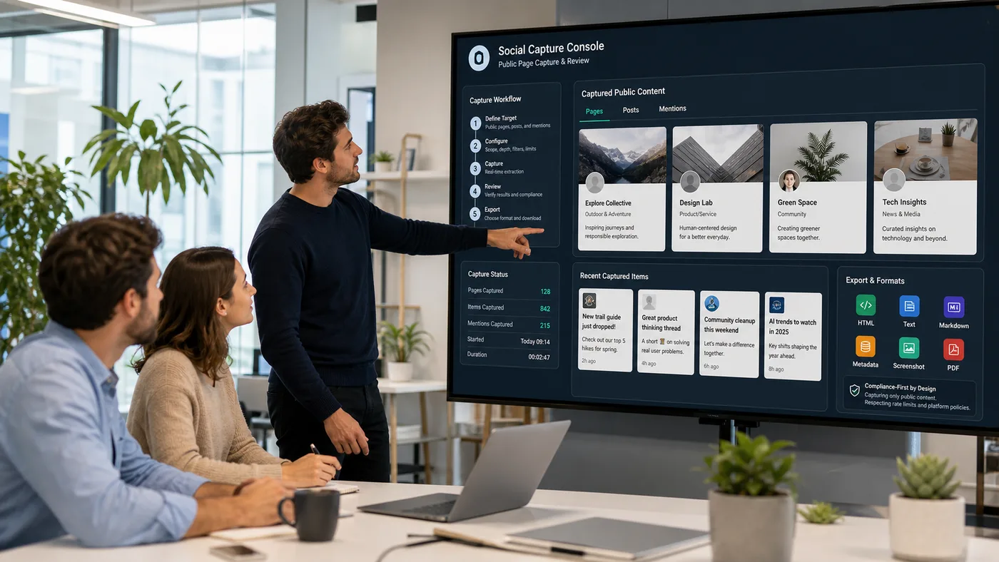 Team reviewing public social page capture outputs in a ScraperFly workflow