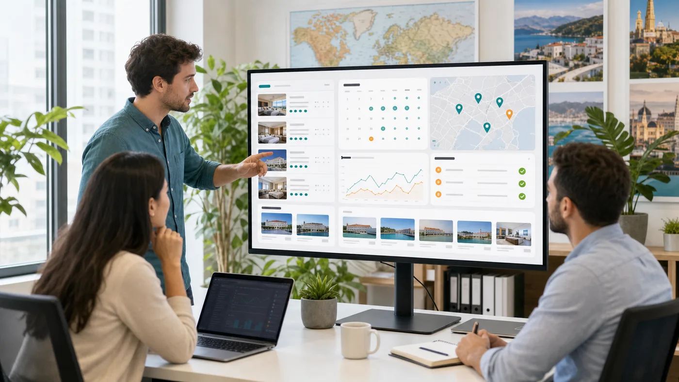 Travel analytics team reviewing public hotel page evidence and regional scraping workflow