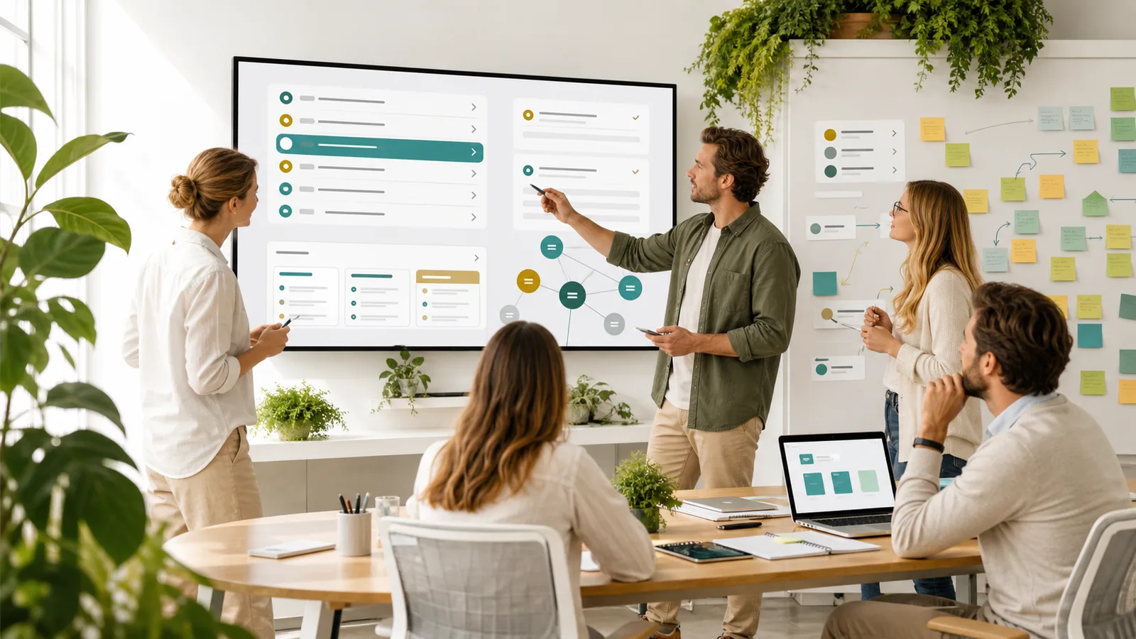 Content research team reviewing People Also Ask question evidence in a plant-filled office
