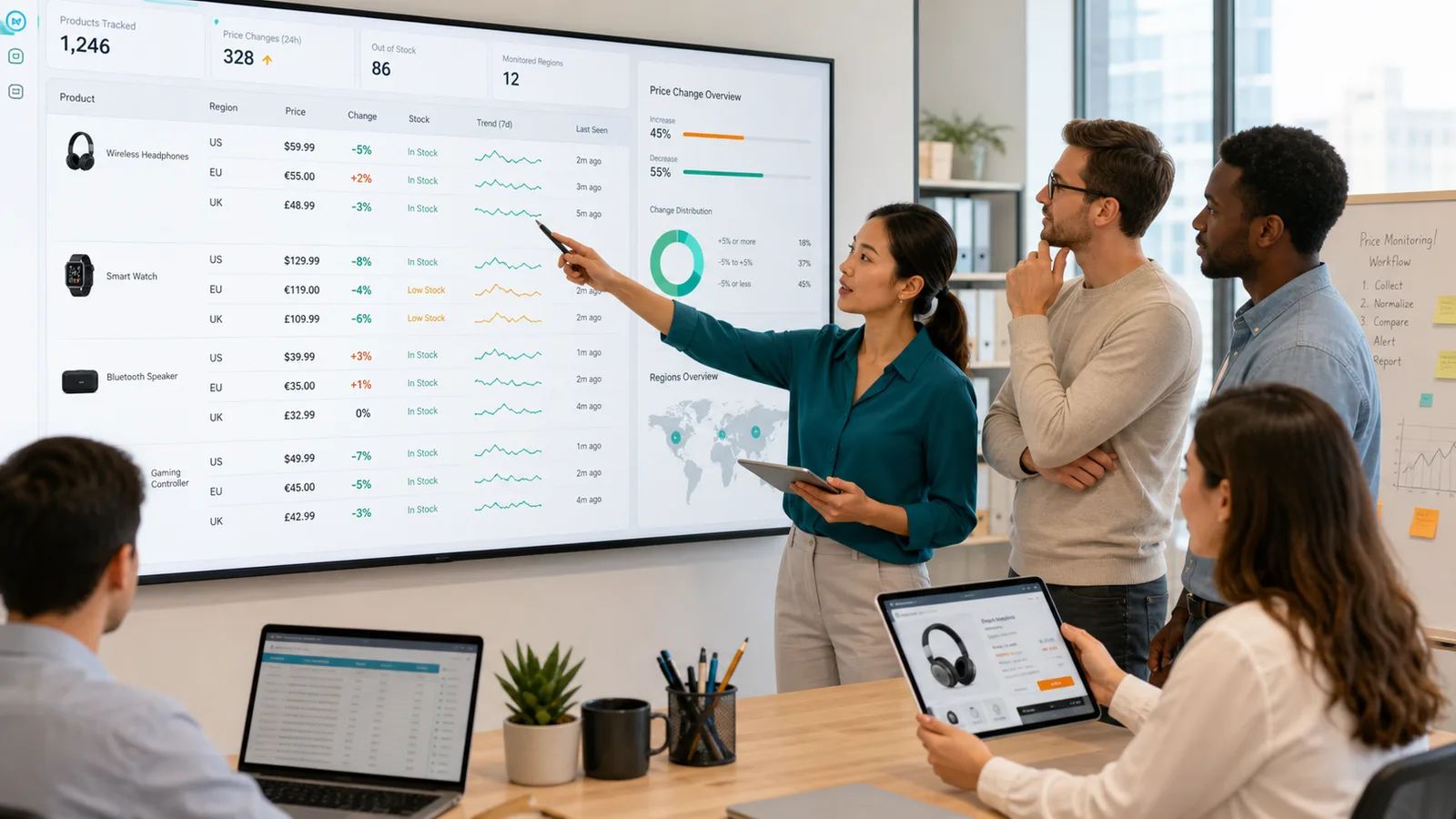 Ecommerce pricing team reviewing public product price changes and stock evidence on a monitoring dashboard
