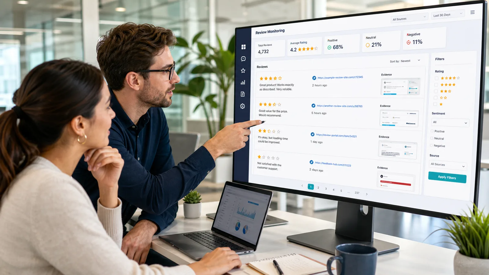 Analysts reviewing public customer reviews and source evidence in a review monitoring dashboard