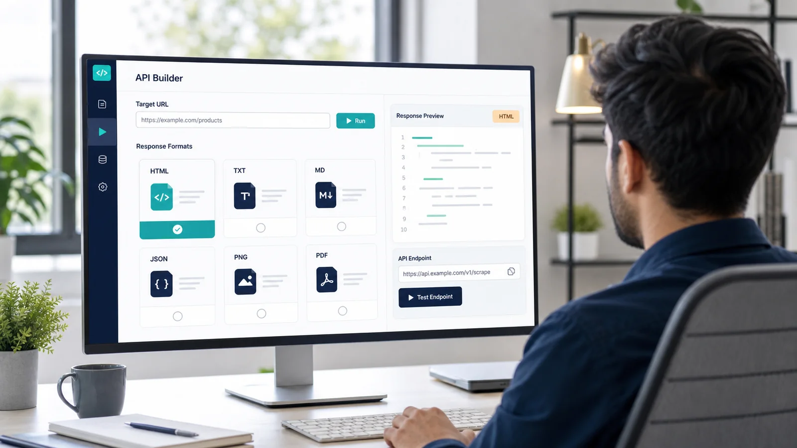 Developer testing multiple web scraping API response formats in an API Builder
