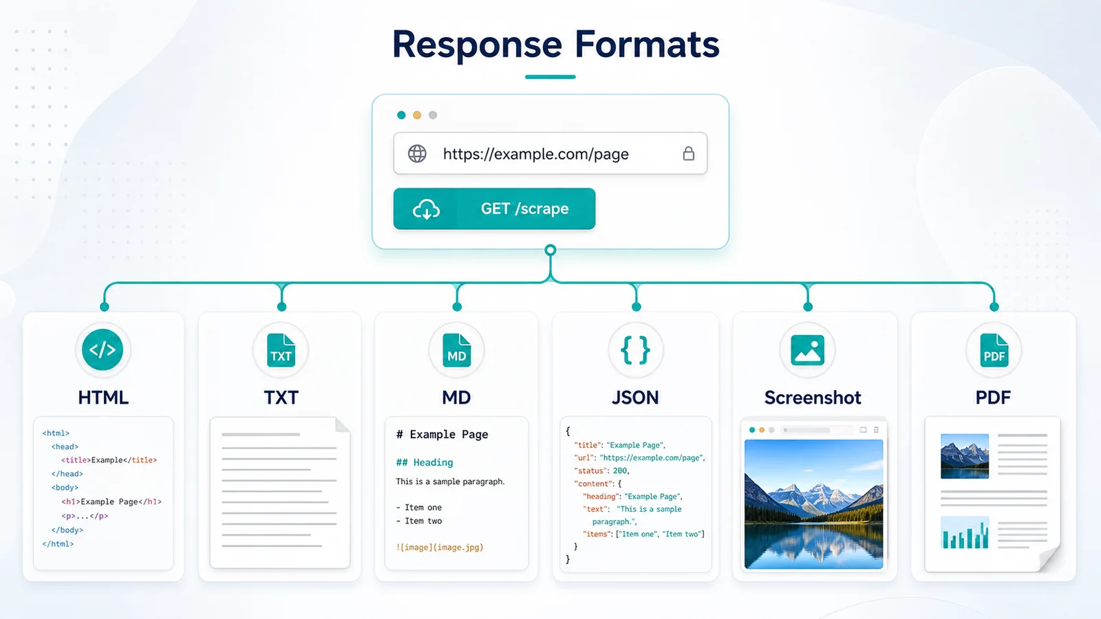 Diagram comparing HTML, text, Markdown, JSON, screenshot, and PDF scraping API outputs