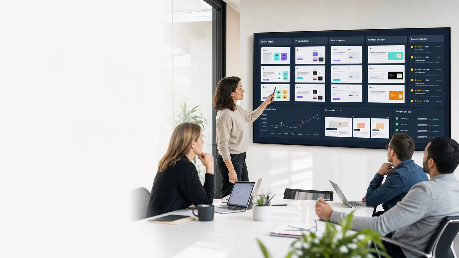 Strategy team comparing public competitor pricing pages, product claims, feature pages, content changes, and screenshot evidence