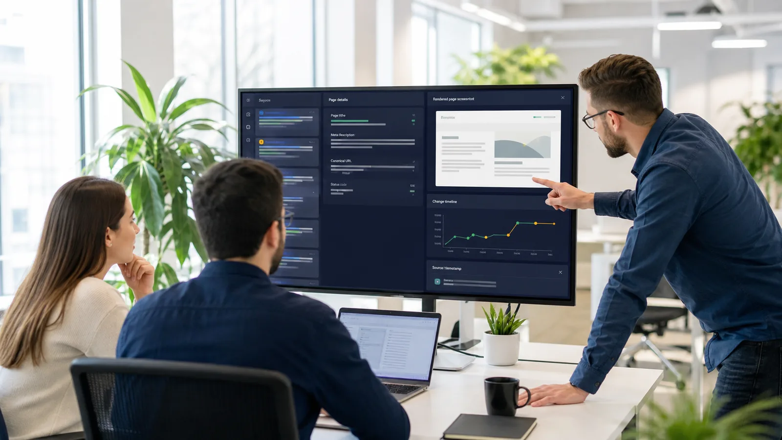 SEO team reviewing public page metadata, rendered screenshot, SERP snippets, and change evidence