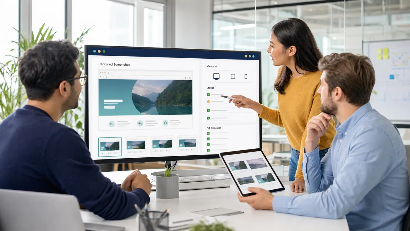 QA team reviewing rendered website screenshot capture with viewport controls and visual checks